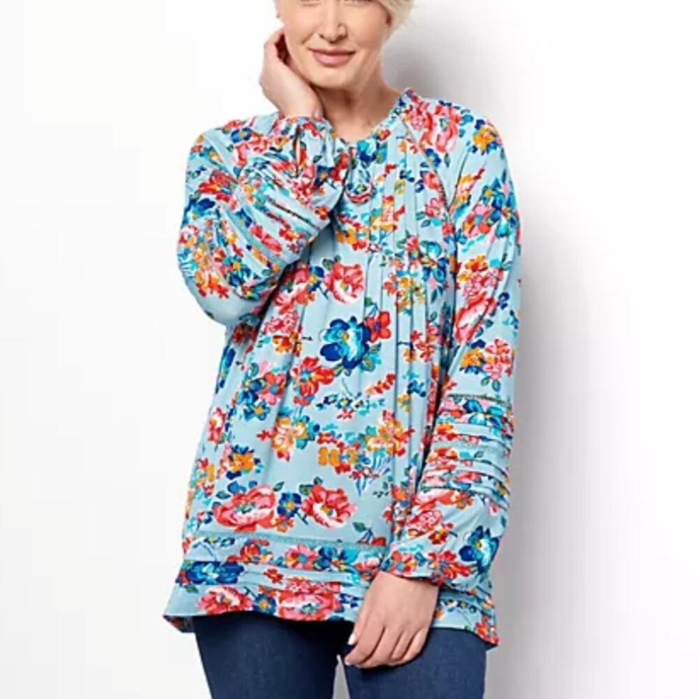 Women Tolani Blue Floral Blouse Top L Boho Colorful Crochet Casual Relaxed NEW